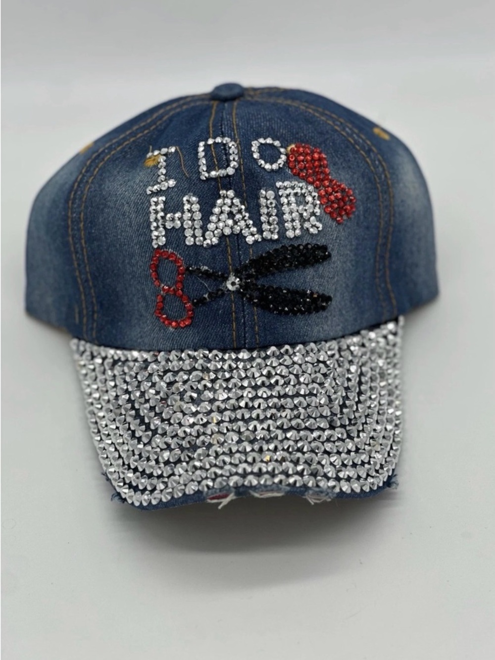 Hair Stylist Rhinestone Studded Frayed Denim Adjustable Cap With Scissor Accent